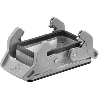 Composant industriel en métal, composé d'un boîtier rectangulaire avec deux fermetures rabattables en haut, de couleur argent.