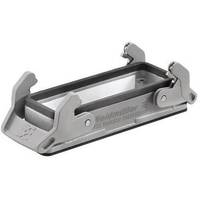 Boîtier métallique gris avec mécanismes de fixation, portant la mention 'Weidmüller'. Conçu pour des applications industrielles.