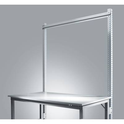 Un système de poste de travail en métal avec traverse transversale réglable verticalement et surface de travail stable, sur un fond gris.