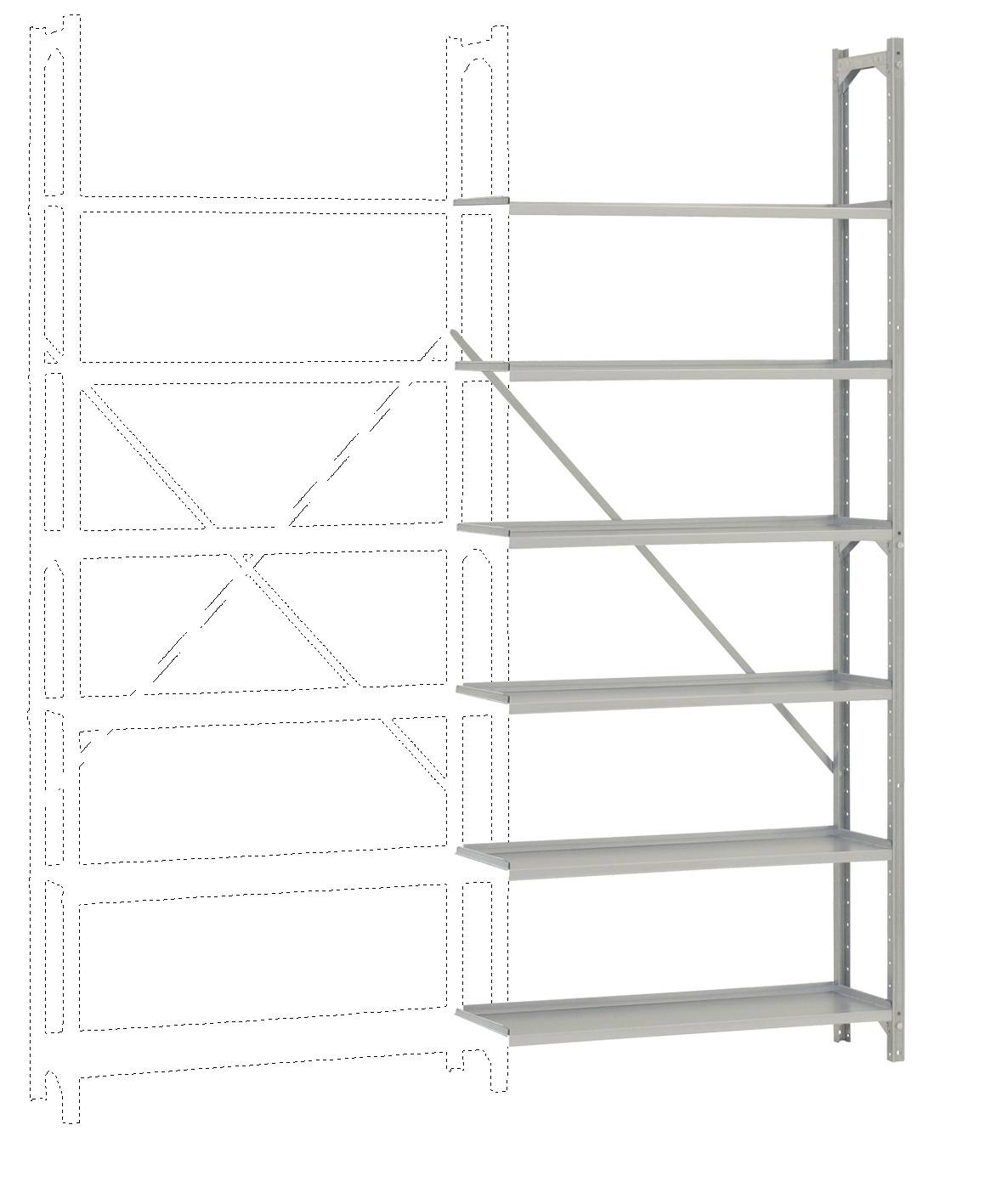 Une étagère métallique incomplète avec plusieurs surfaces de rangement vides. À gauche, une partie du cadre est manquante, représentée par des lignes pointillées.