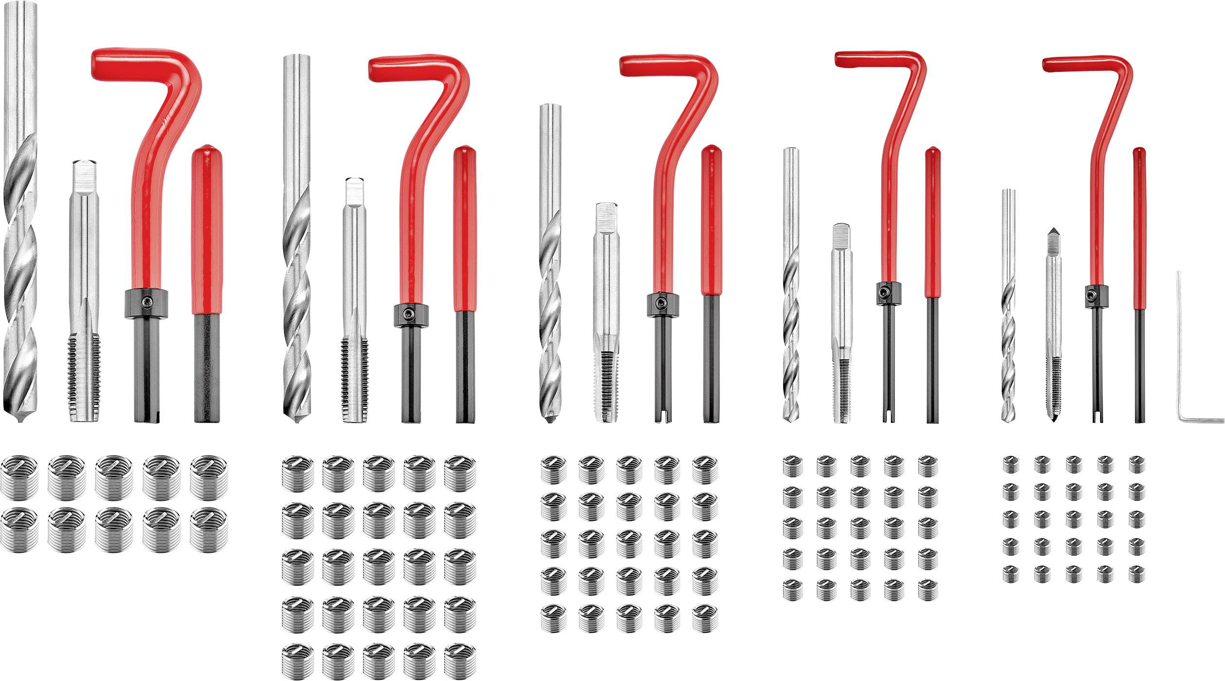 Un kit de réparation comprenant plusieurs forets, tarauds, poignées rouges et inserts filetés, adapté à la rénovation de filetages.
