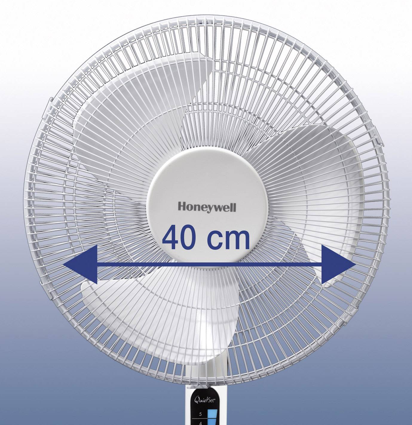 Un ventilateur de table blanc de marque Honeywell d'un diamètre de 40 cm. Une grande flèche indique la taille du ventilateur.