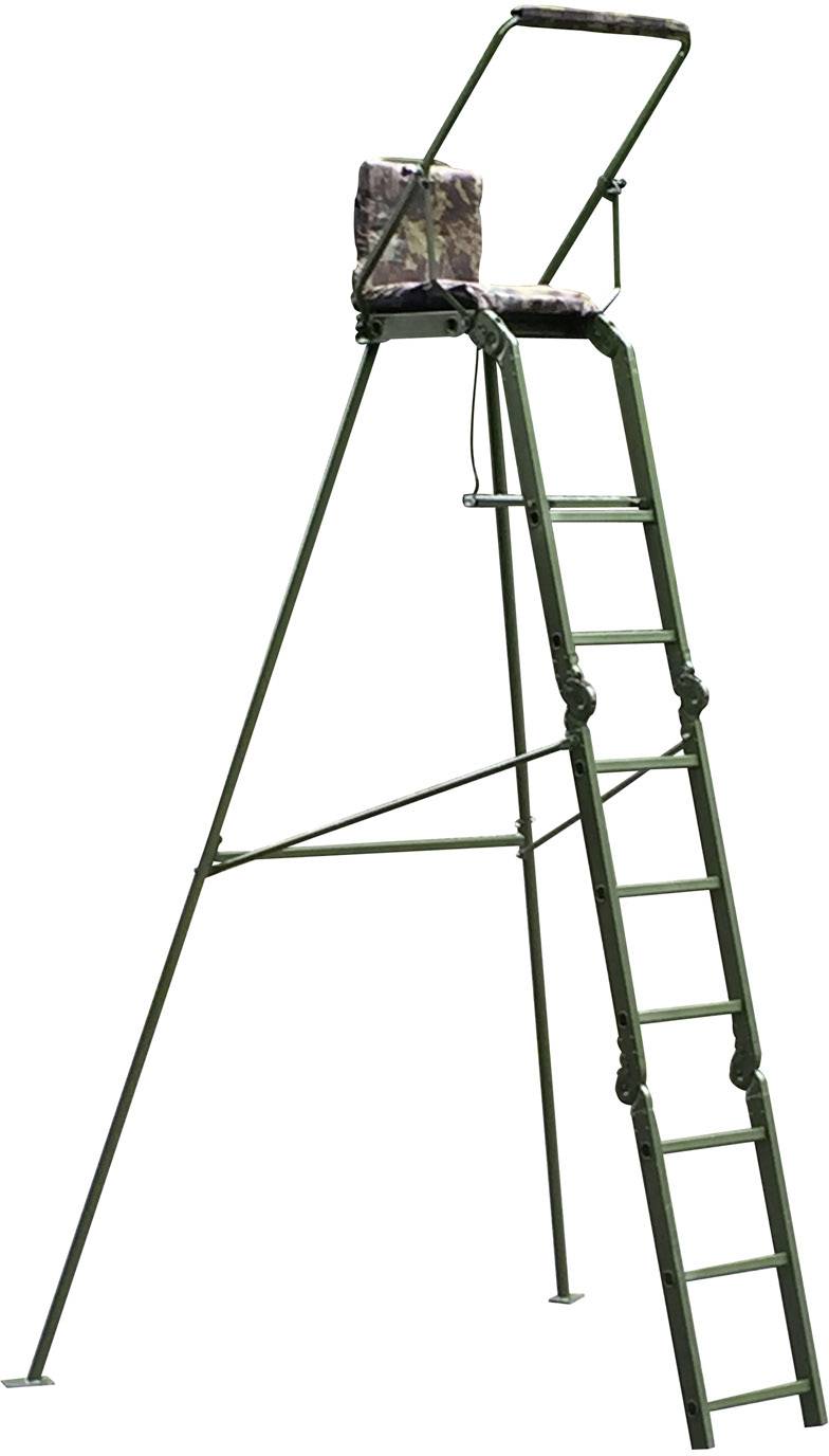 Une haute échelle métallique verte avec un siège, probablement destinée à la chasse ou à l'observation. Le siège est recouvert d'un motif de camouflage.