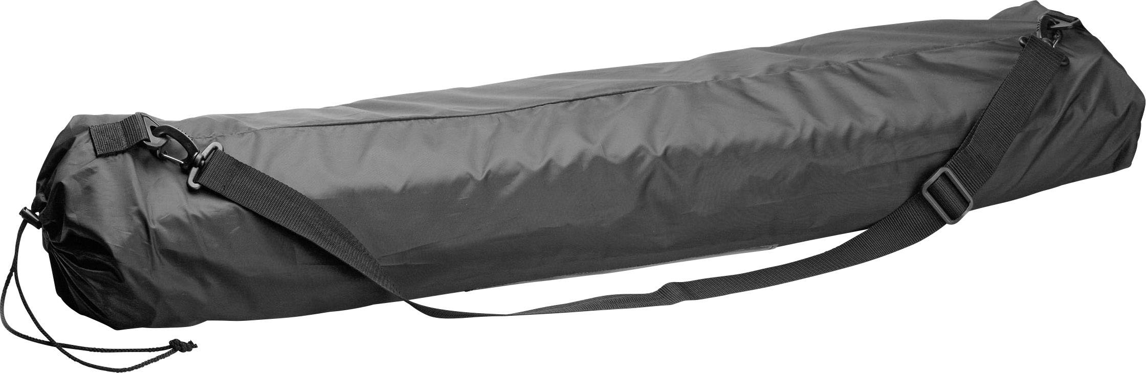 Grand sac de transport noir avec bandoulière réglable, adapté pour transporter des objets volumineux comme des tentes ou des cannes à pêche.