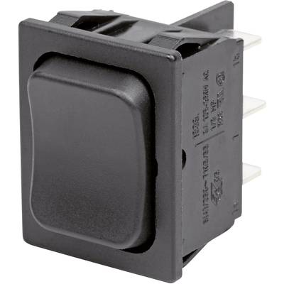 Un interrupteur basculant rectangulaire noir avec trois broches de connexion à l'arrière.