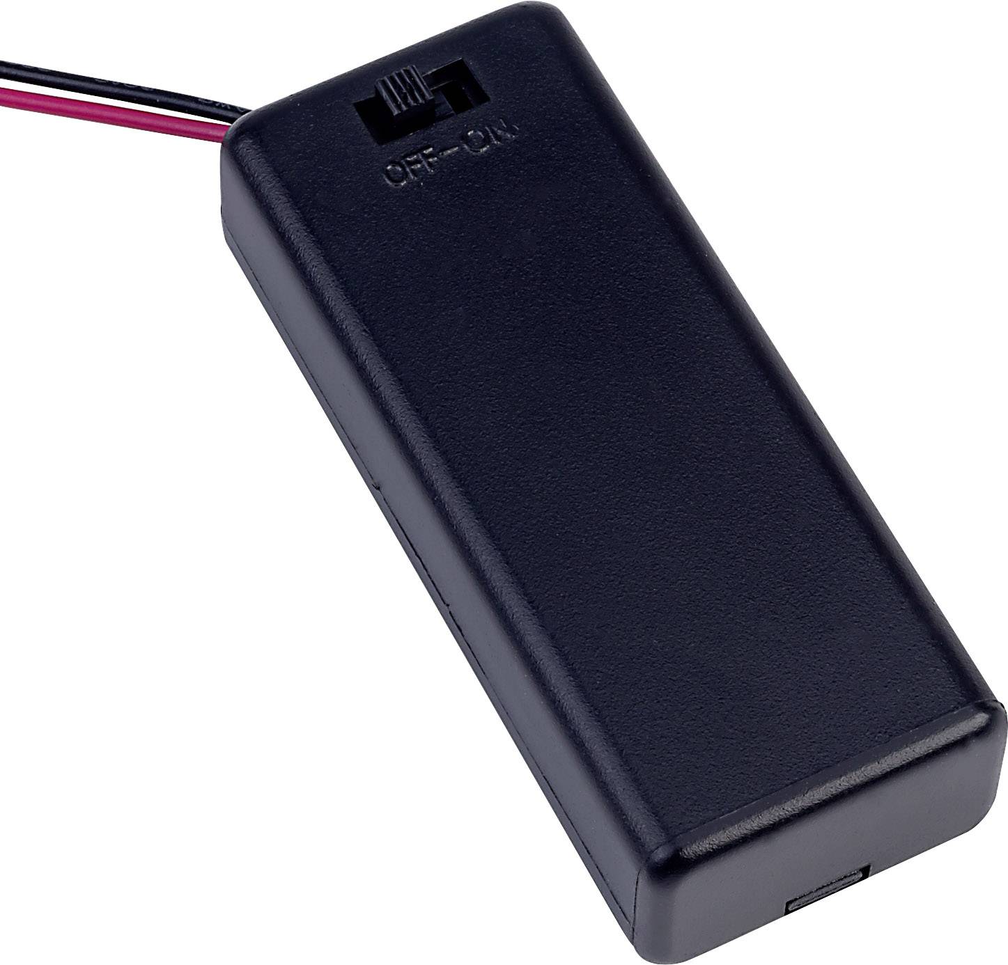 Boîtier de batterie noir avec câbles, interrupteur à bascule 'OFF-ON' bien visible.