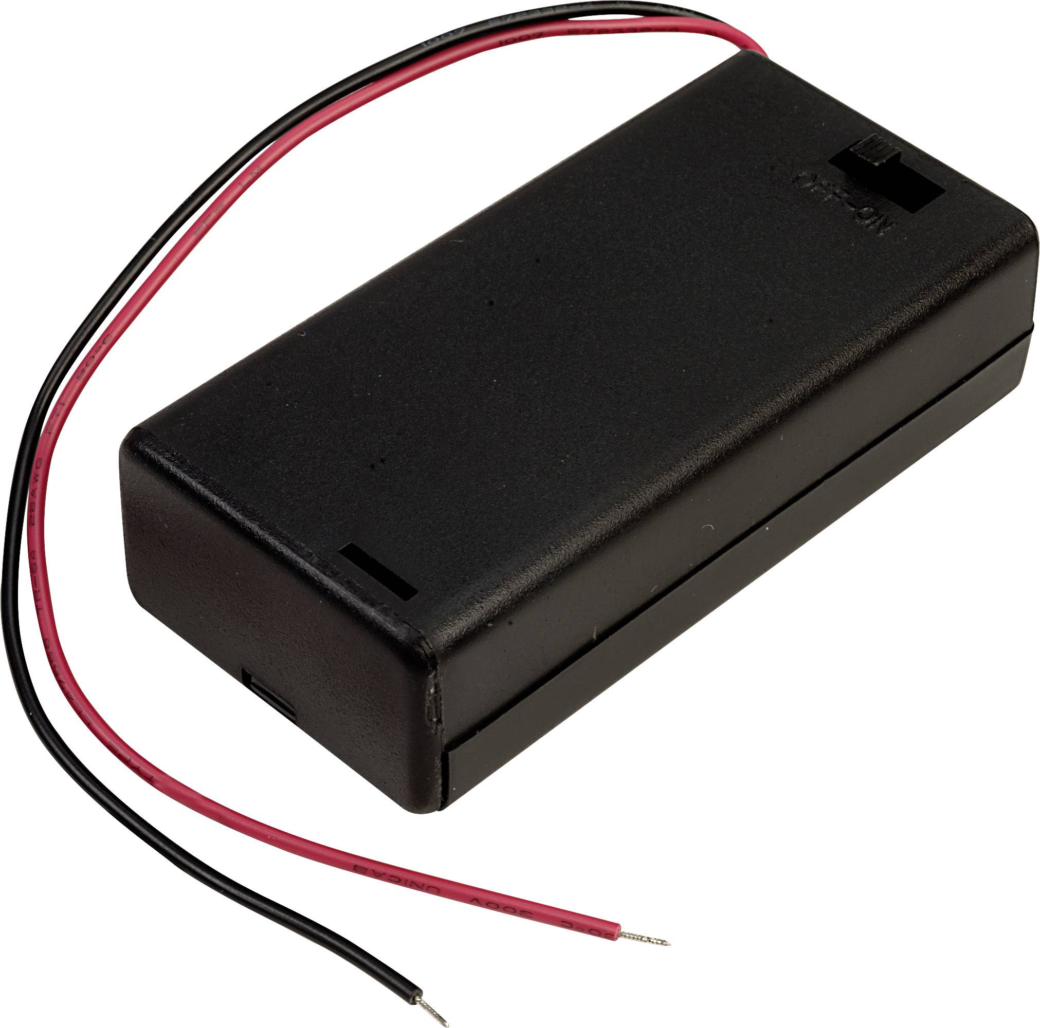 Un boîtier de protection de batterie noir avec un câble rouge et noir pour la connexion. Adapté pour le transport sécurisé des batteries.