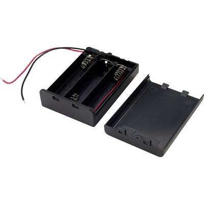 Un compartiment ouvert noir pour deux piles AA avec des ressorts métalliques classiques et des câbles de connexion rouges et noirs.