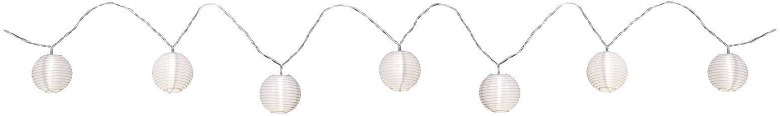 Une guirlande de lampions blancs et ronds, suspendus à intervalles réguliers, sur un fond blanc.