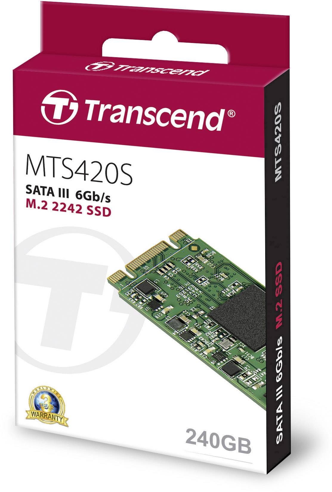 Image d'un emballage de Transcend MTS420S M.2 2242 SSD avec l'inscription : SATA III 6Gb/s, capacité de 240 Go, sceau de garantie.