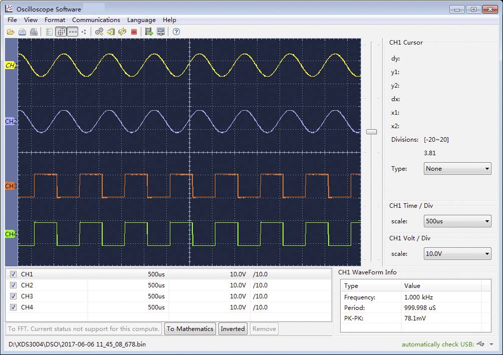 Une capture d'écran d'un logiciel d'oscilloscope montrant plusieurs formes d'ondes de signaux. Illustre la tension en fonction du temps sur trois canaux. À droite, informations sur l'échelle de tension et les paramètres des formes d'ondes.