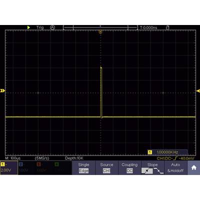 L'écran de l'oscilloscope affiche une impulsion de tension unique avec une amplitude de 2 V à 1 MHz
