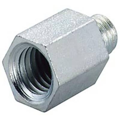 Un adaptateur argenté de forme hexagonale, fileté des deux côtés, adapté pour la connexion de tuyaux ou de tubes.