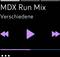 Image d'un lecteur musical intitulé 'MDX Run Mix'. Il présente des commandes de lecture, d'avance et de retour.
