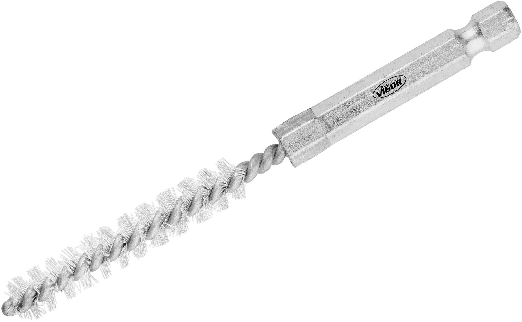 Brosse métallique à tête spiralée et manche ergonomique, adaptée au nettoyage des tuyaux ou des zones difficiles d'accès.