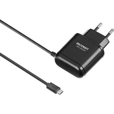 Chargeur noir avec une fiche européenne bipolaire et un long câble Micro-USB connecté. Nom de marque 'Voltcraft' sur le chargeur.