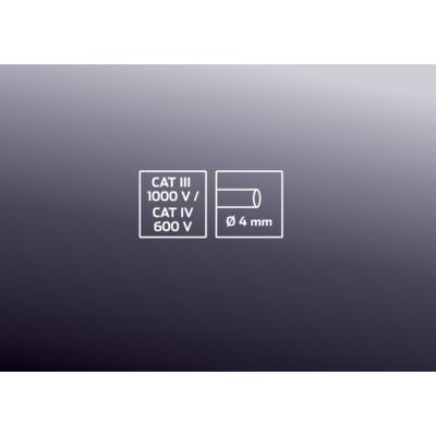 'CAT III 1000 V / CAT IV 600 V' et symbole 'Ø 4 mm' sur fond gris, probablement une spécification technique.
