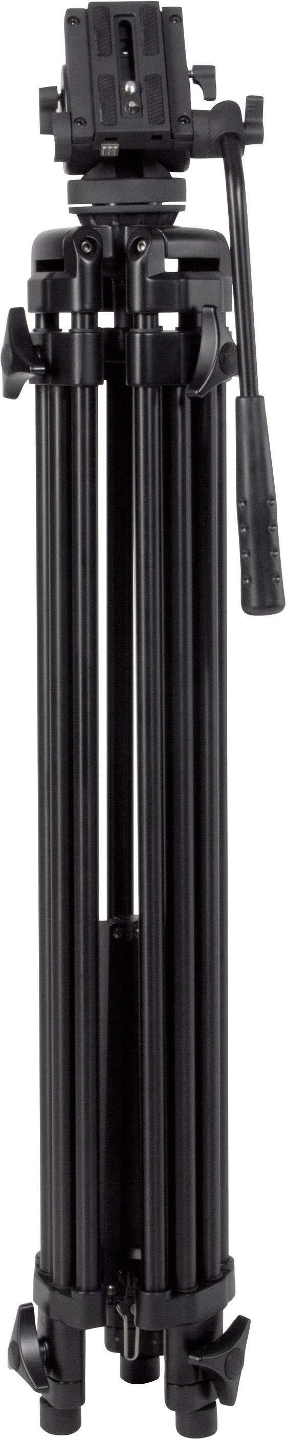 Un trépied noir avec des pieds télescopiques et une poignée de réglage d'inclinaison, adapté aux caméras et caméscopes.