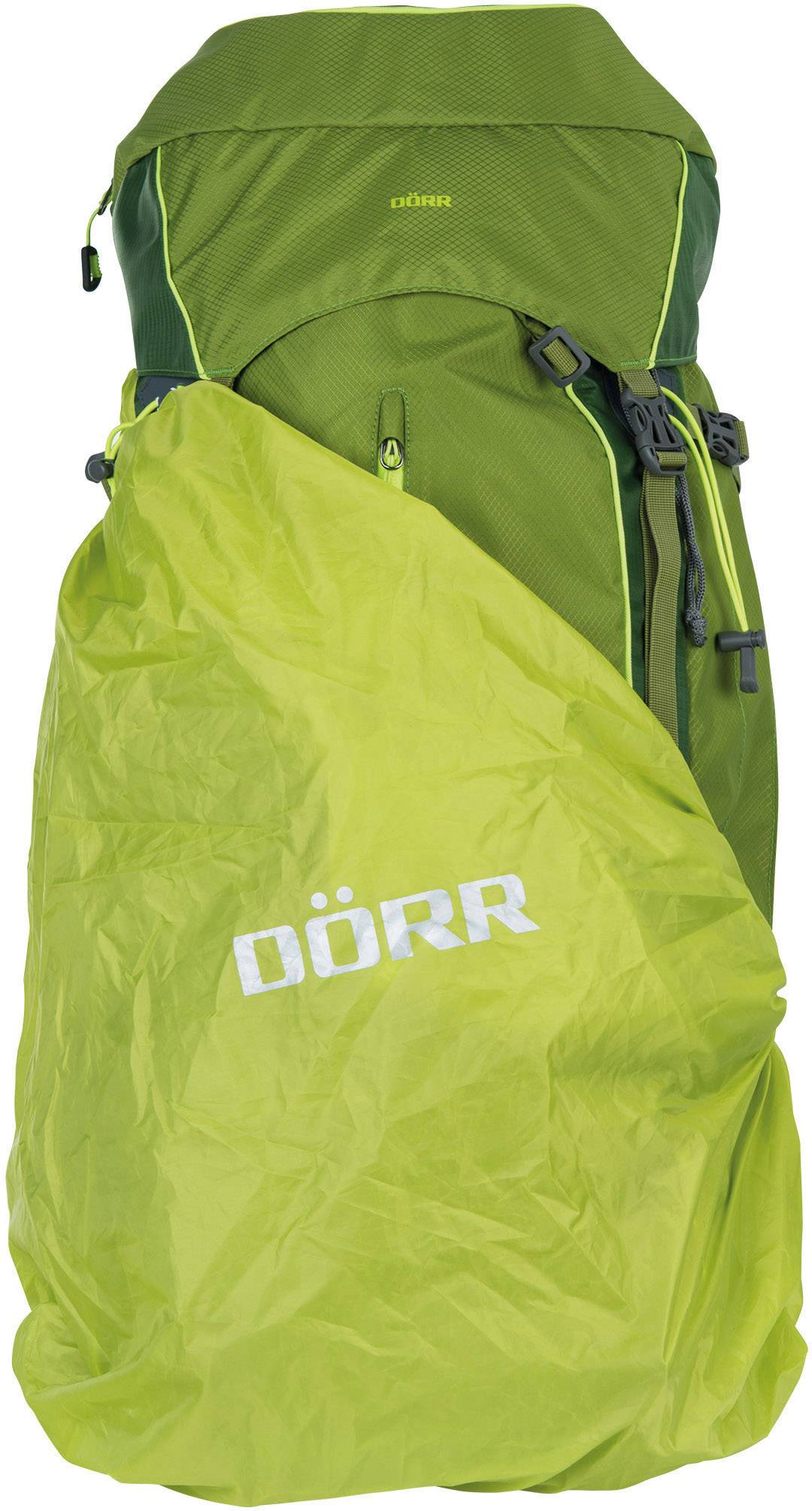 Sac à dos vert avec housse de protection contre la pluie 'DÖRR', adapté pour la randonnée. Le sac à dos est haut, étroit et dispose de plusieurs sangles.
