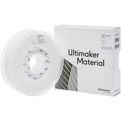 Rouleau de matériau CPE Ultimaker et son emballage en blanc, adapté aux imprimantes 3D, à côté d'un carton contenant des informations sur le produit.