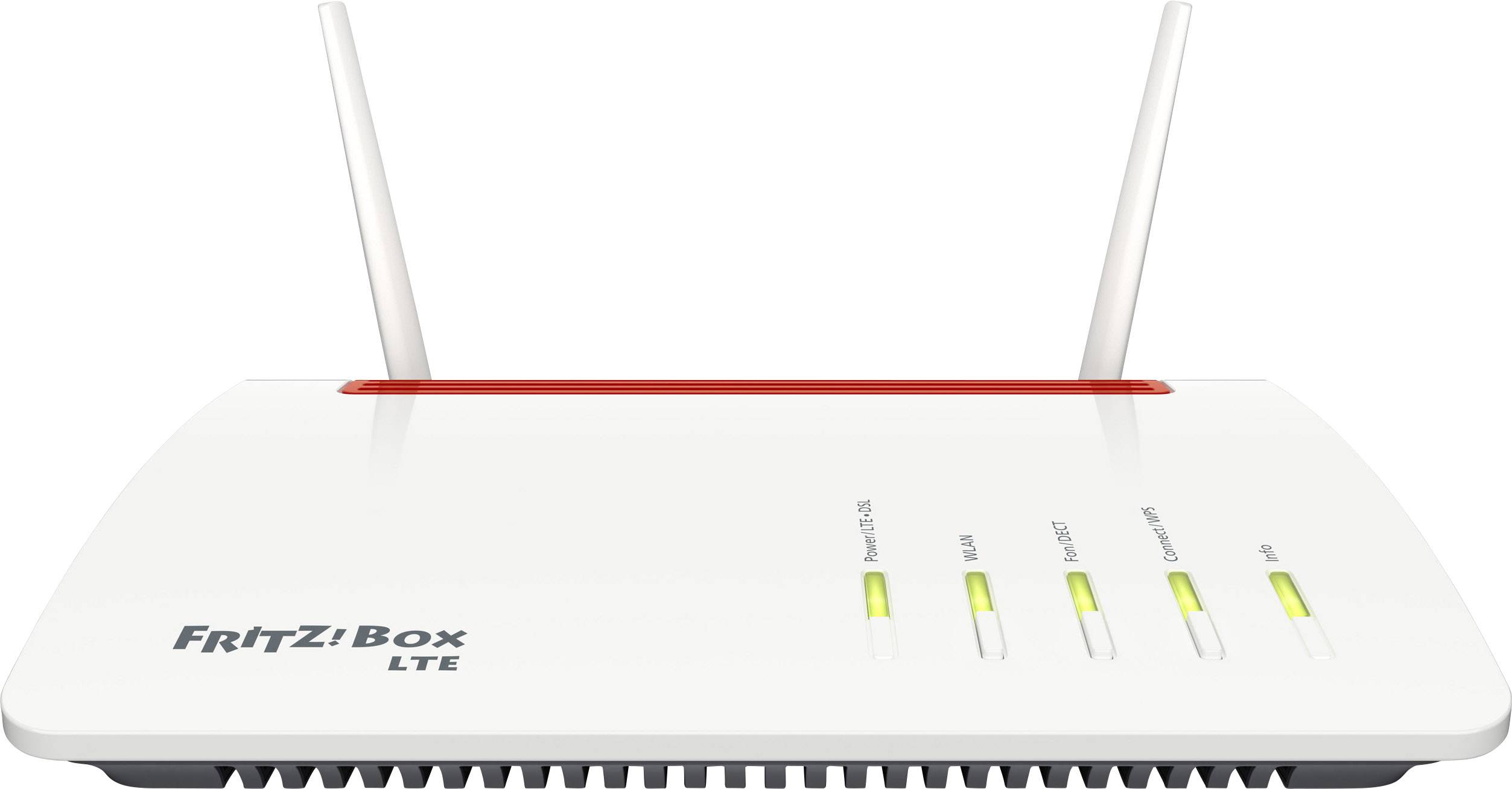 Routeur LTE AVM FRITZ!Box avec deux antennes. Les voyants LED pour l'alimentation, Internet, Wi-Fi et la téléphonie sont jaunes.