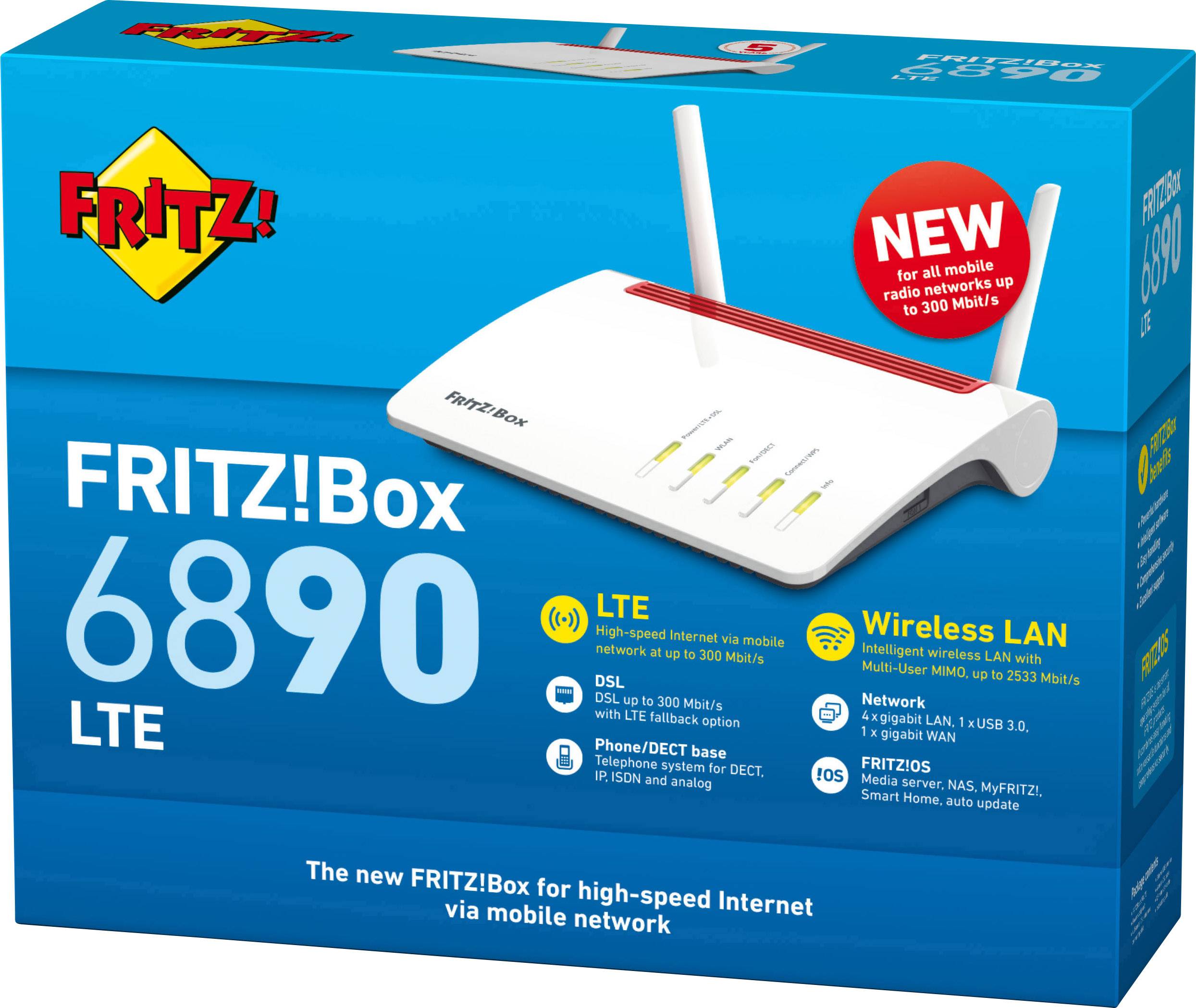 Emballage de la FRITZ!Box 6890 LTE. Présente le routeur avec deux antennes. Fonctions : LTE, Wi-Fi, DSL. Contient le texte : « NOUVEAU pour tous les réseaux mobiles jusqu'à 300 Mbit/s ».