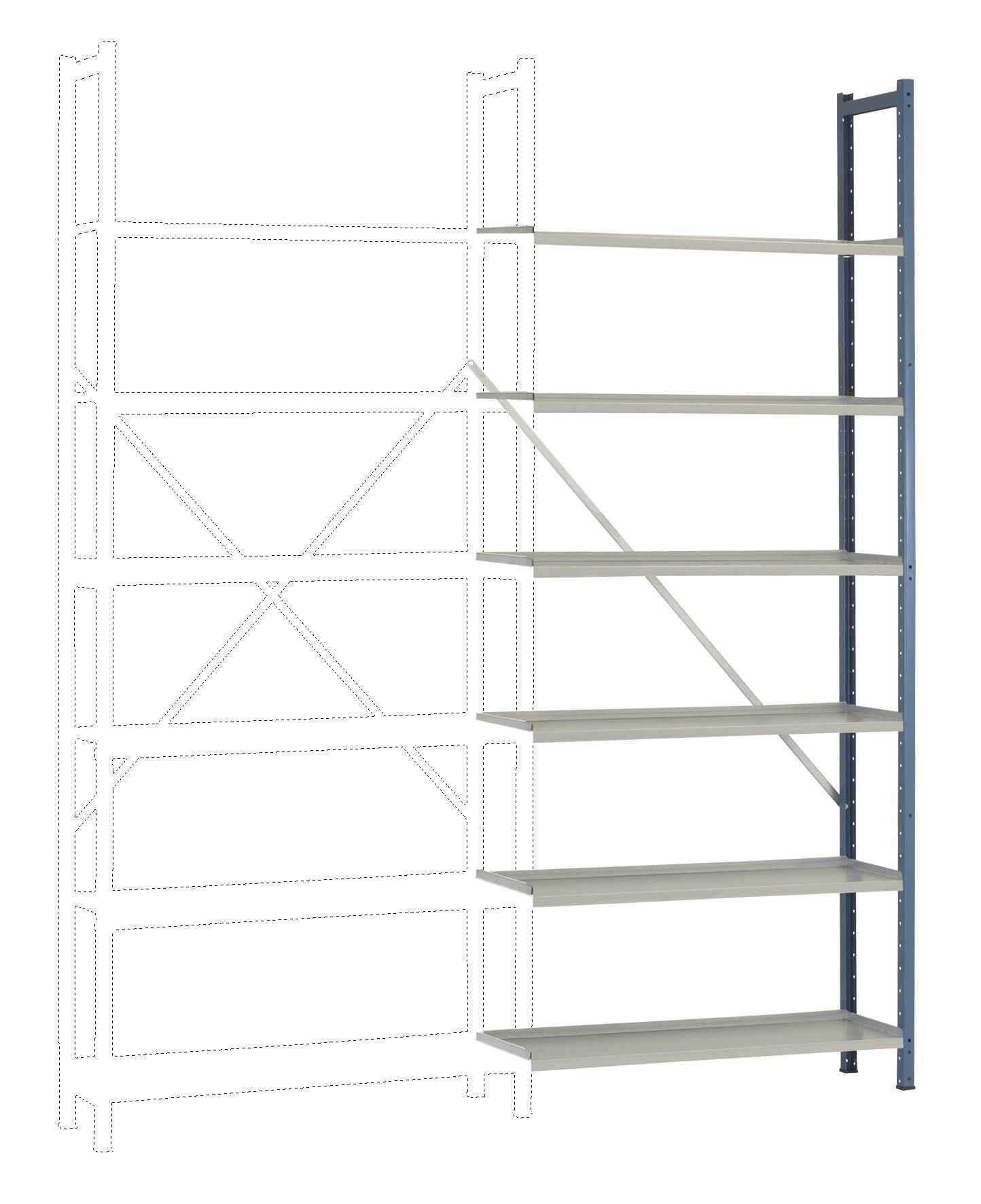 Étagère avec sept plateaux blancs, montée sur un cadre bleu. Des lignes pointillées à gauche suggèrent des extensions possibles.