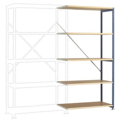 Une étagère en métal avec cinq tablettes en bois, illustrant un système modulable. Seul un côté et un socle de l'étagère sont entièrement assemblés.