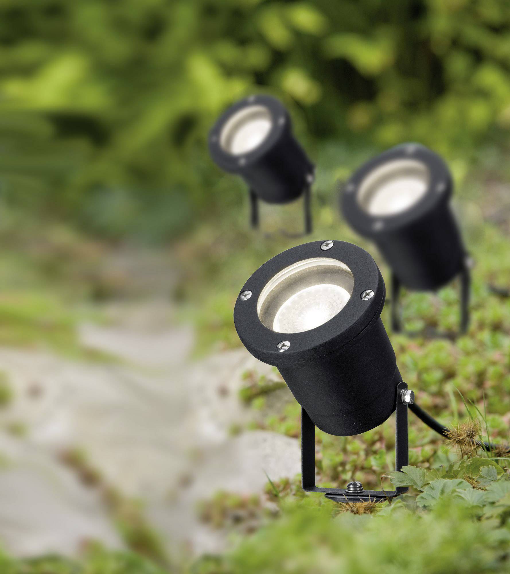 Trois projecteurs extérieurs noirs éclairent un chemin de jardin, entourés de végétation verdoyante. Ils servent à accentuer le paysage.