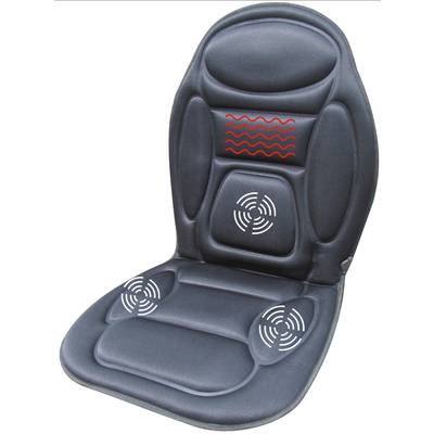Coussin de massage noir avec des lignes ondulées rouges sur le dossier et des symboles de vibration blancs sur le dos et l'assise.