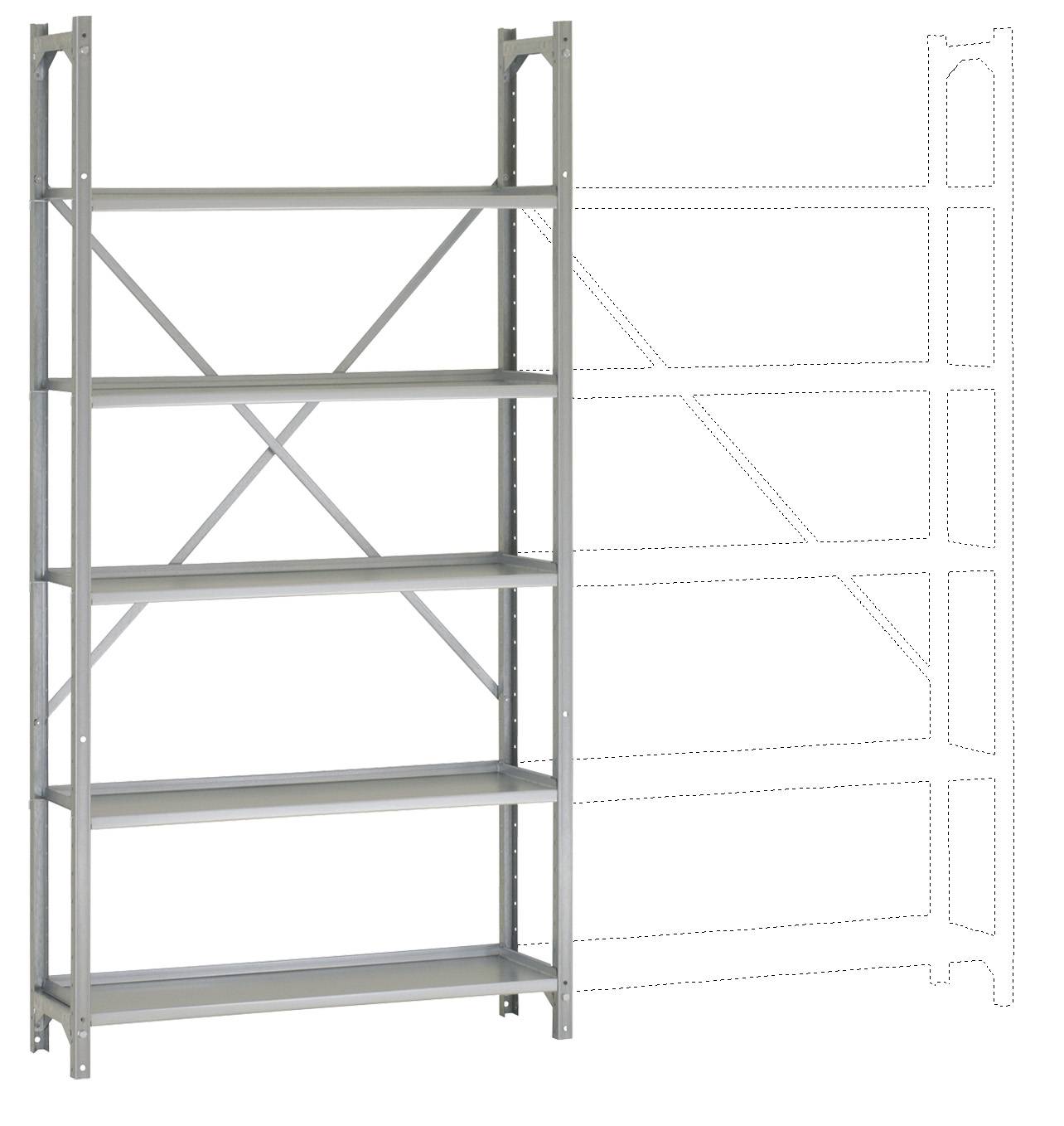 Étagère métallique à cinq niveaux, extensible par des modules supplémentaires sur la droite. Idéal pour le stockage et l'organisation.