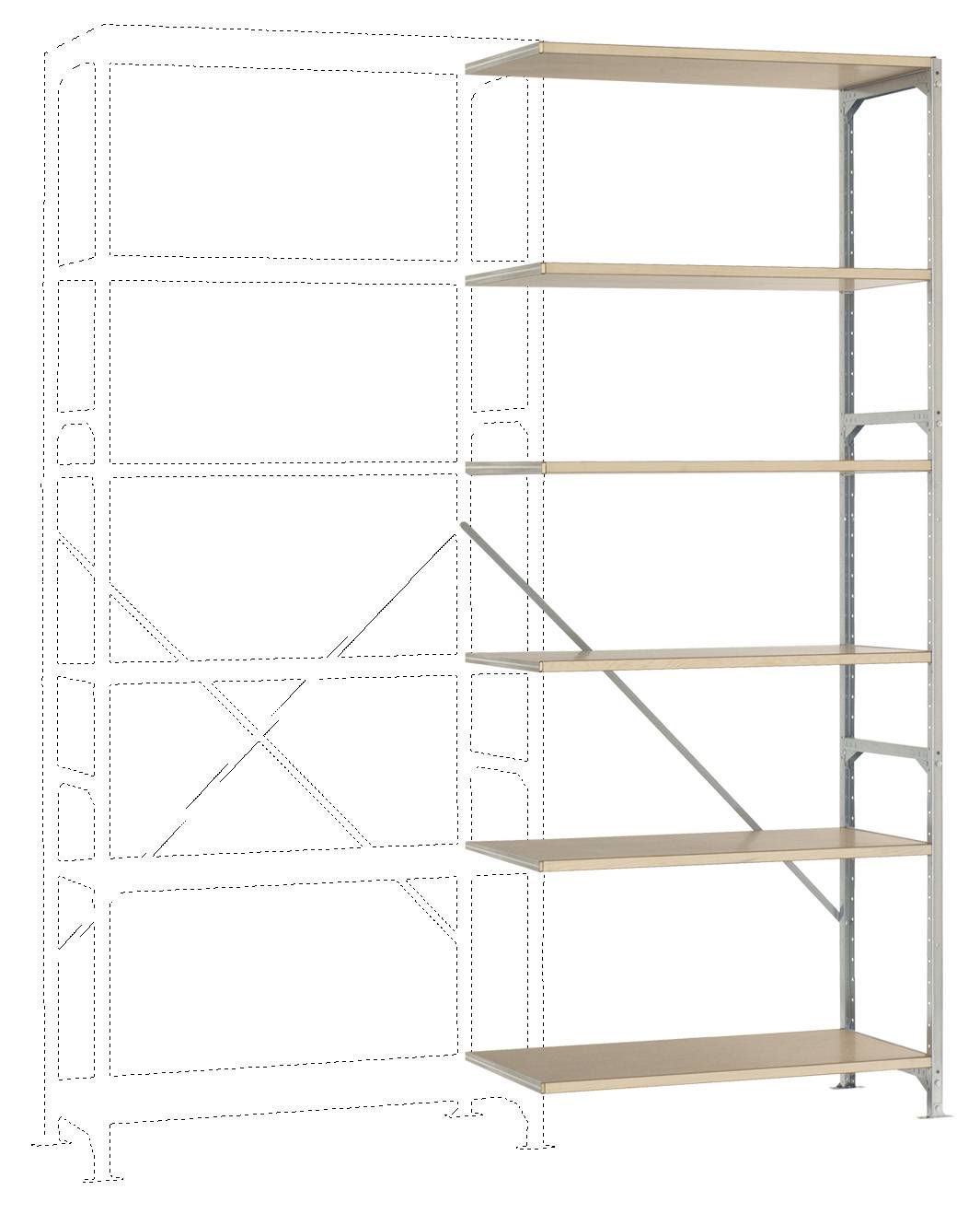 Étagère métallique avec des tablettes en bois, partiellement assemblée. Montre la structure et la construction de l'étagère, composée de cadres métalliques et de surfaces en bois.