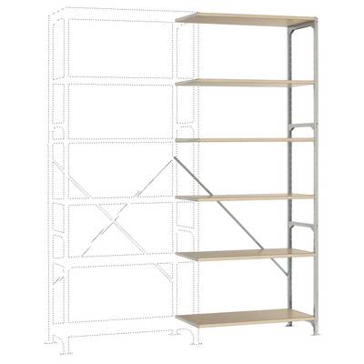 Étagère métallique avec des tablettes en bois, partiellement assemblée. Montre la structure et la construction de l'étagère, composée de cadres métalliques et de surfaces en bois.