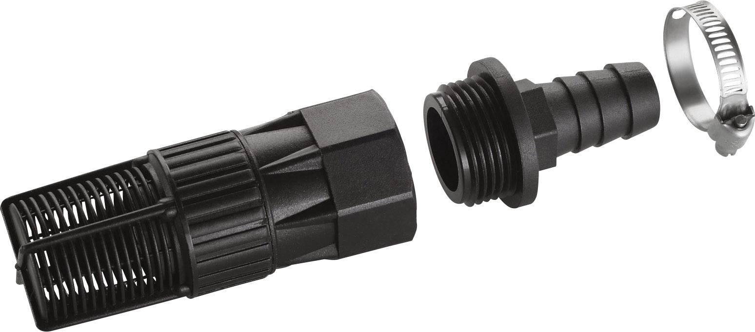 Un filtre en plastique noir, un adaptateur avec une extrémité sans filetage et un collier de serrage métallique, qui sont montrés séparément.