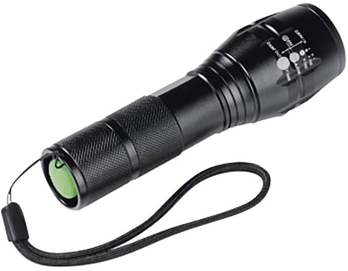 Lampe de poche noire avec dragonne, affichant différents symboles de modes d'éclairage sur le côté.