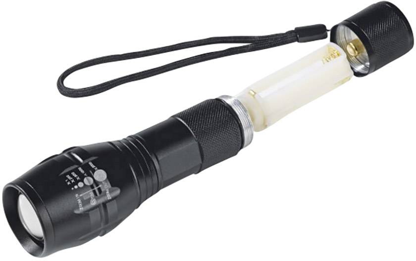 'Lampe de poche avec 5 modes : intensité lumineuse à 100%, lumière tamisée à 50%, lumière tamisée à 25%, fonction lumière SOS, fonction lumière stroboscopique.'