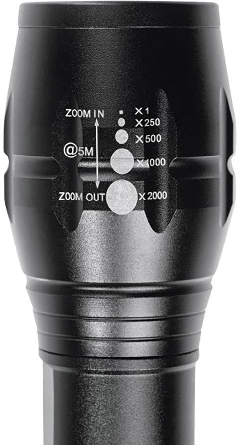 Lampe de poche zoom avec échelle de réglages de grossissement : x1, x250, x500, x1000, x2000, zone de zoom avant/arrière clairement marquée.