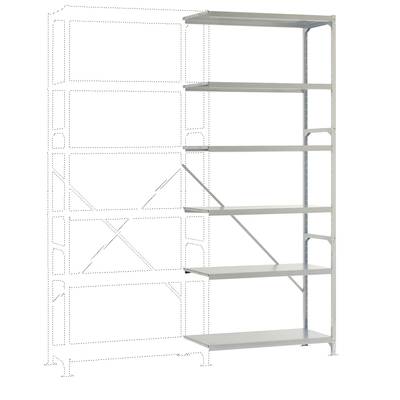 Étagère métallique avec six étagères réglables, adaptée à l'extension par des éléments de rayonnage supplémentaires.