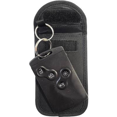 Porte-clés télécommande noir avec boutons pour ouvrir, fermer, activer les lumières et déverrouiller le coffre, sur un étui noir avec anneau porte-clés.