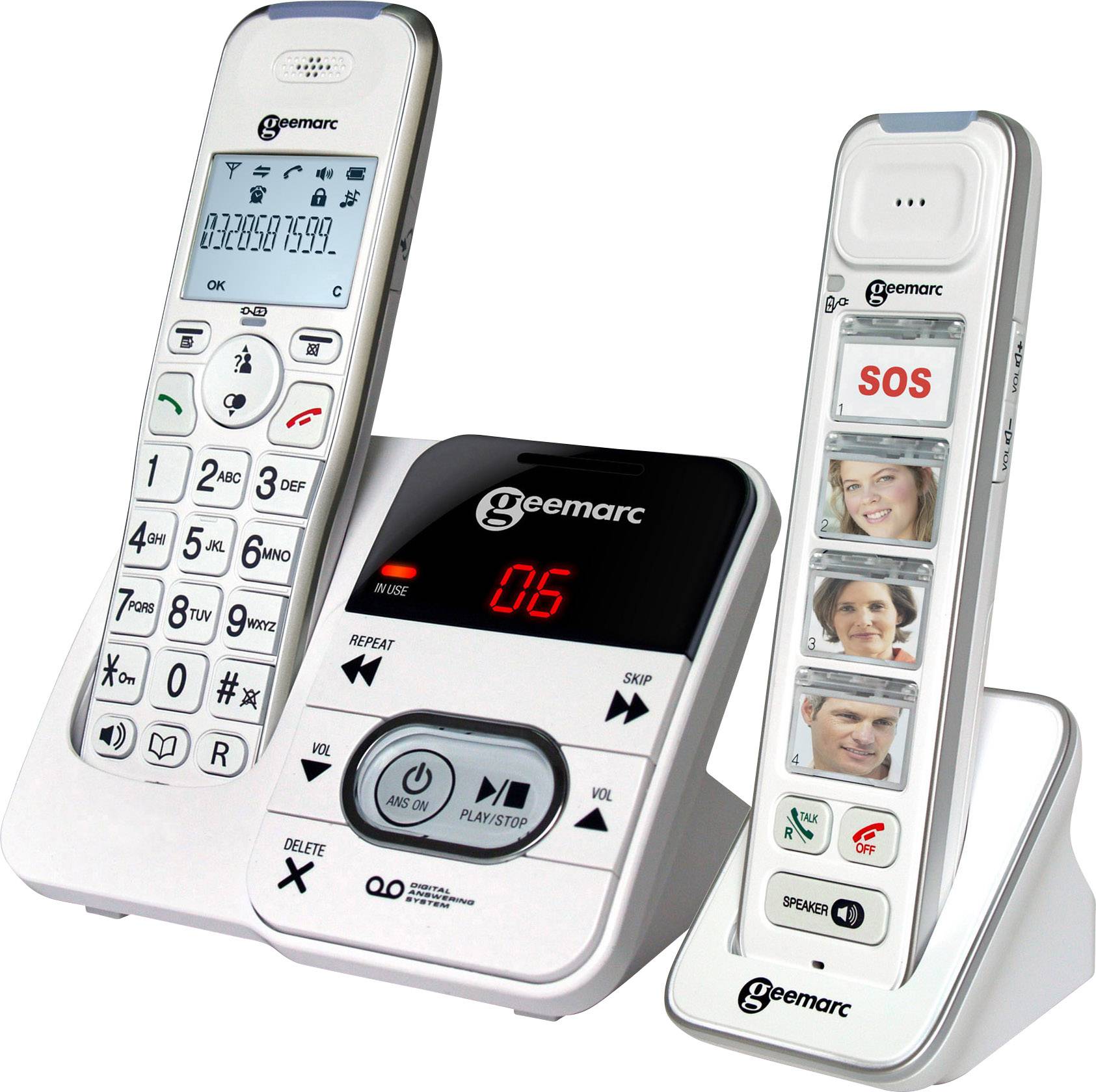 'Téléphone sans fil avec station de base, touches numériques et mémoire photo pour numéros abrégés. Comprend une touche SOS pour les situations d'urgence.'