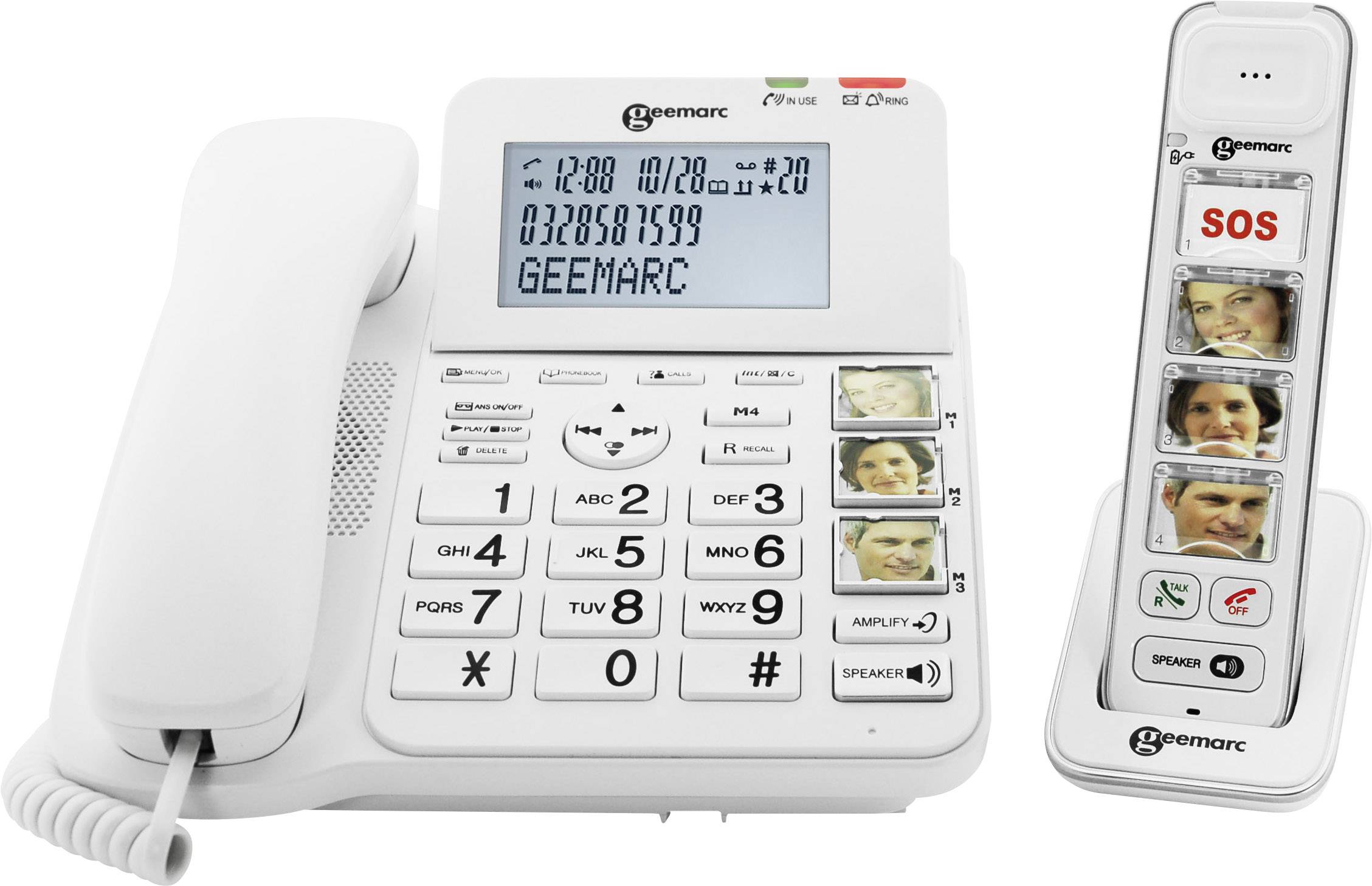 'Téléphone sans fil avec touches larges et touche SOS sur la base à droite. Adapté aux seniors, avec touches photo.'