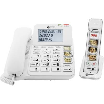 'Téléphone sans fil avec touches larges et touche SOS sur la base à droite. Adapté aux seniors, avec touches photo.'