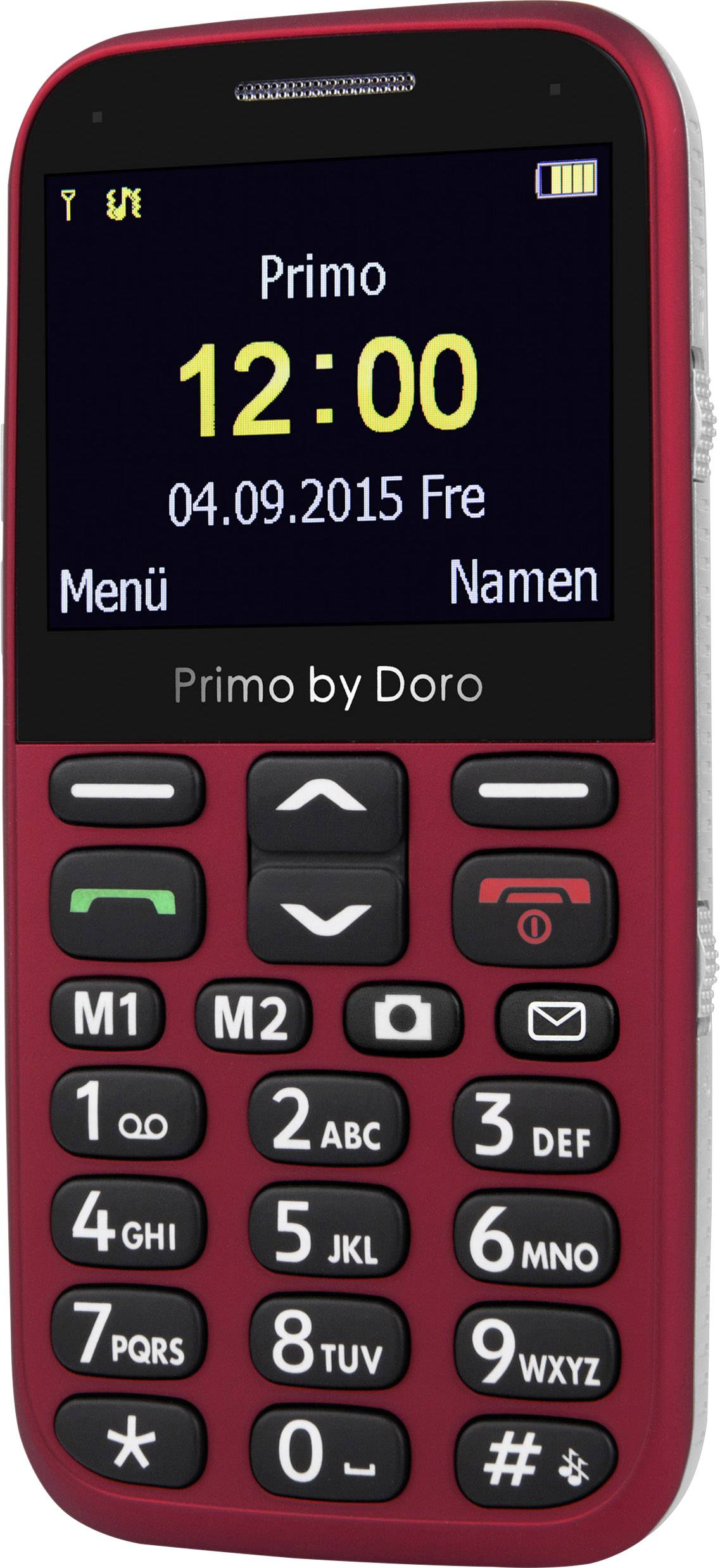 Un téléphone mobile classique avec un grand écran affiche 'Primo', date '04.09.2015 Ven', heure '12:00'. Touches larges.