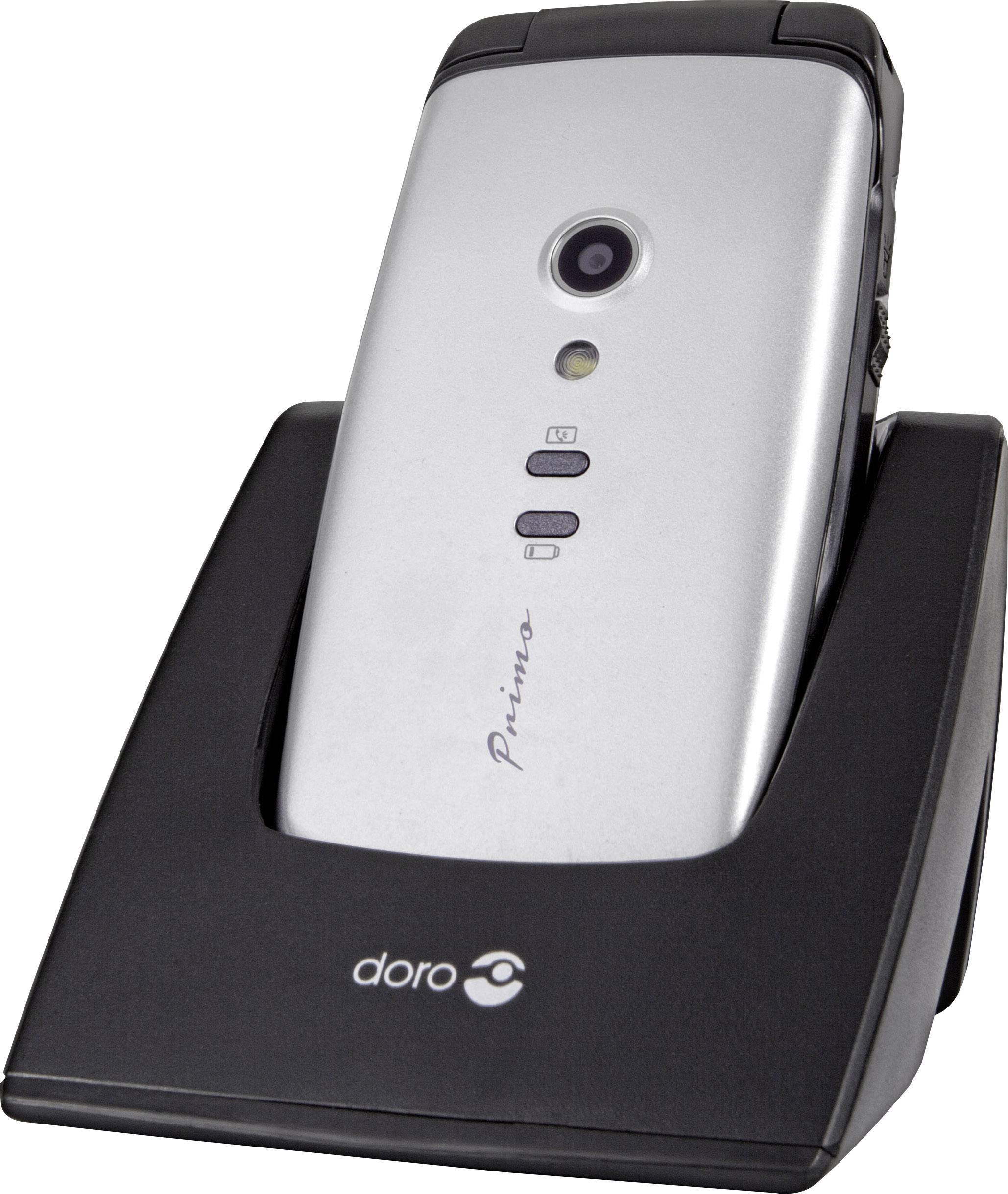 Téléphone portable à clapet avec chargeur. Dos argenté avec caméra. Inscription 'Primo'. Station de charge noir et blanc avec logo 'doro'.