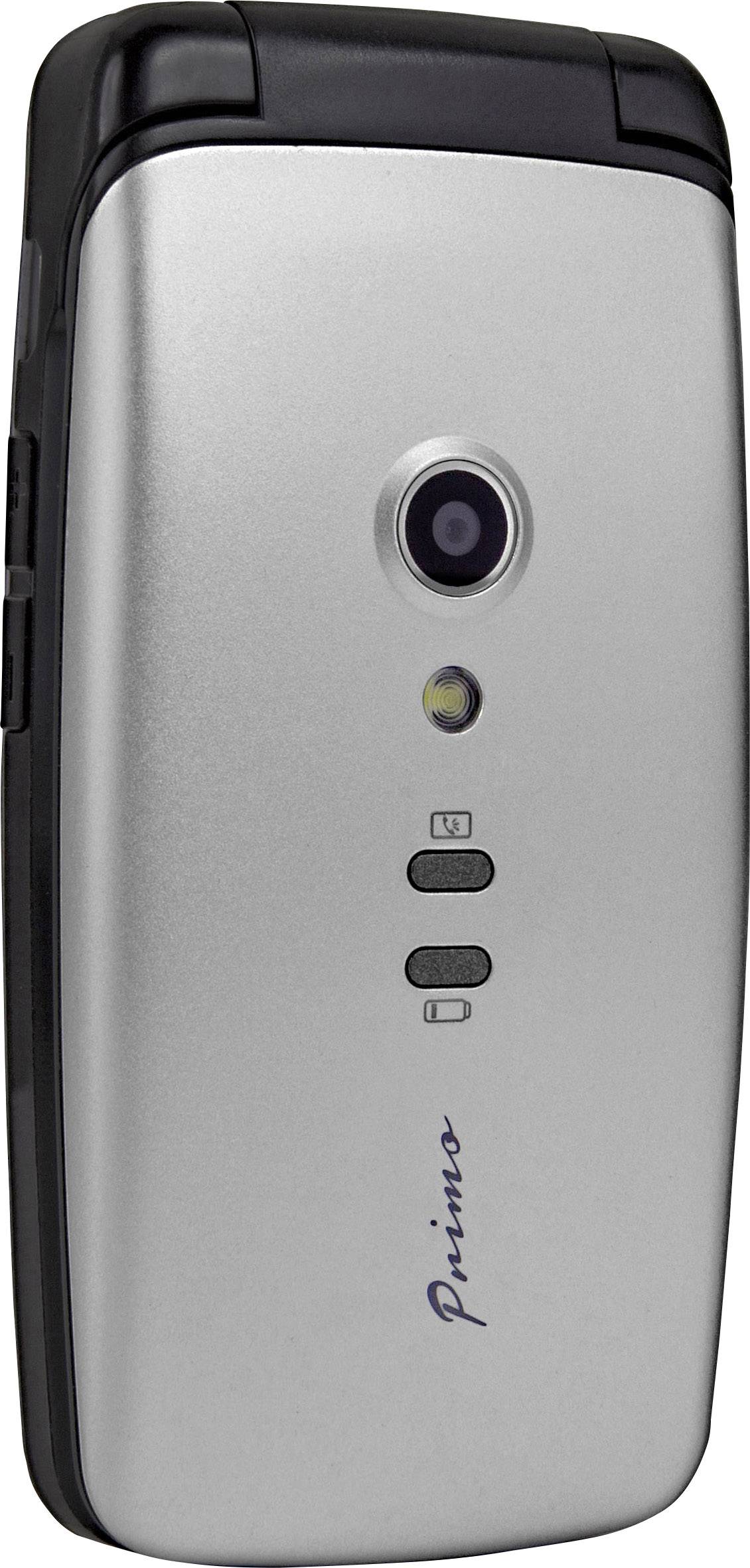 Téléphone portable argenté à clapet avec appareil photo et flash LED à l'arrière, design élégant, marque 'Primo'.