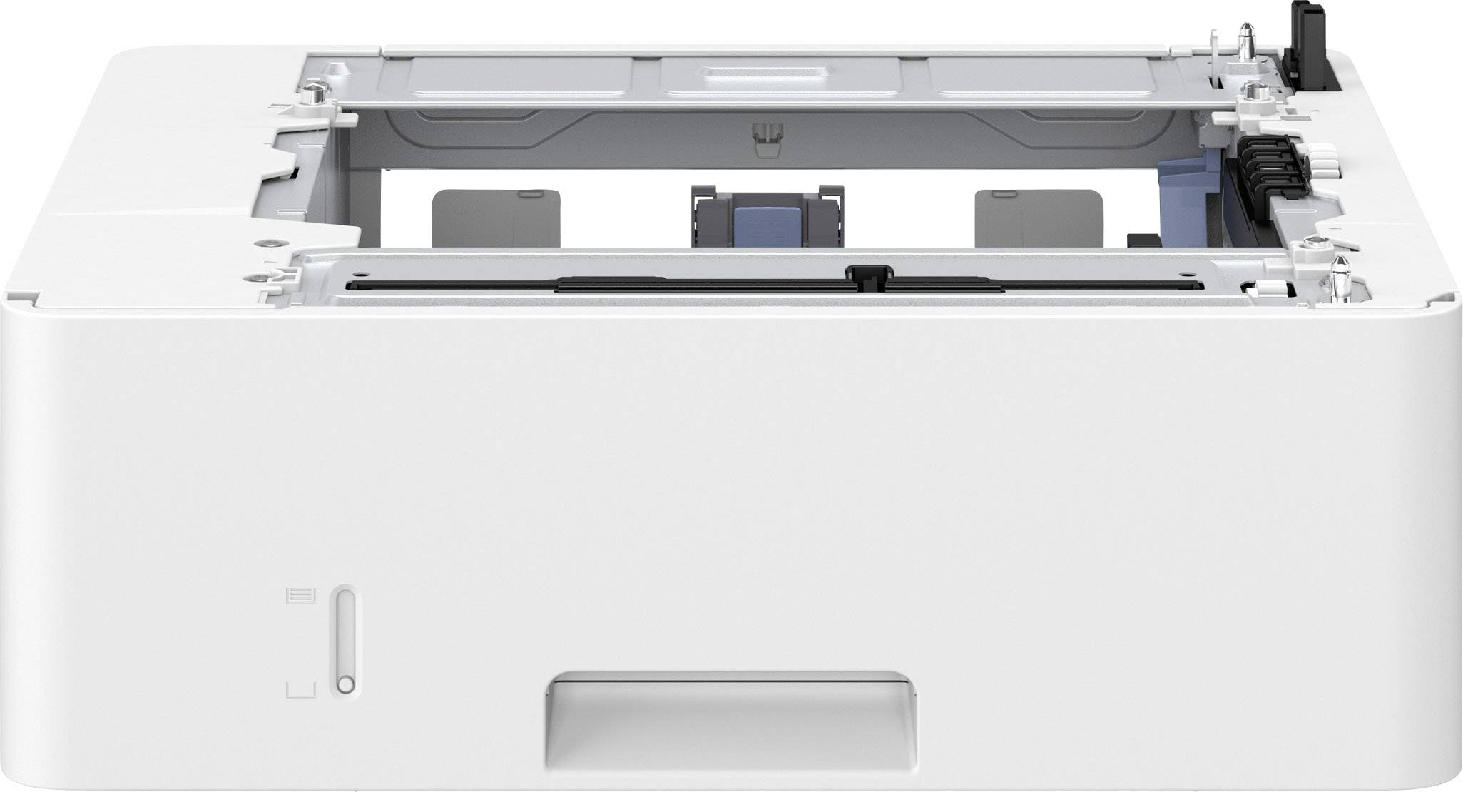 Un chargeur de papier blanc pour imprimante, montrant l'ouverture de chargement supérieure et des détails techniques, adapté aux environnements de bureau.