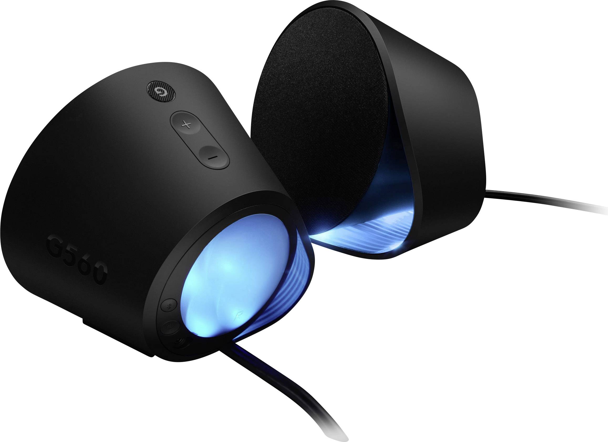 Haut-parleurs d'ordinateur noirs avec éclairage LED bleu. Un haut-parleur montre les boutons de contrôle et le réglage du volume.