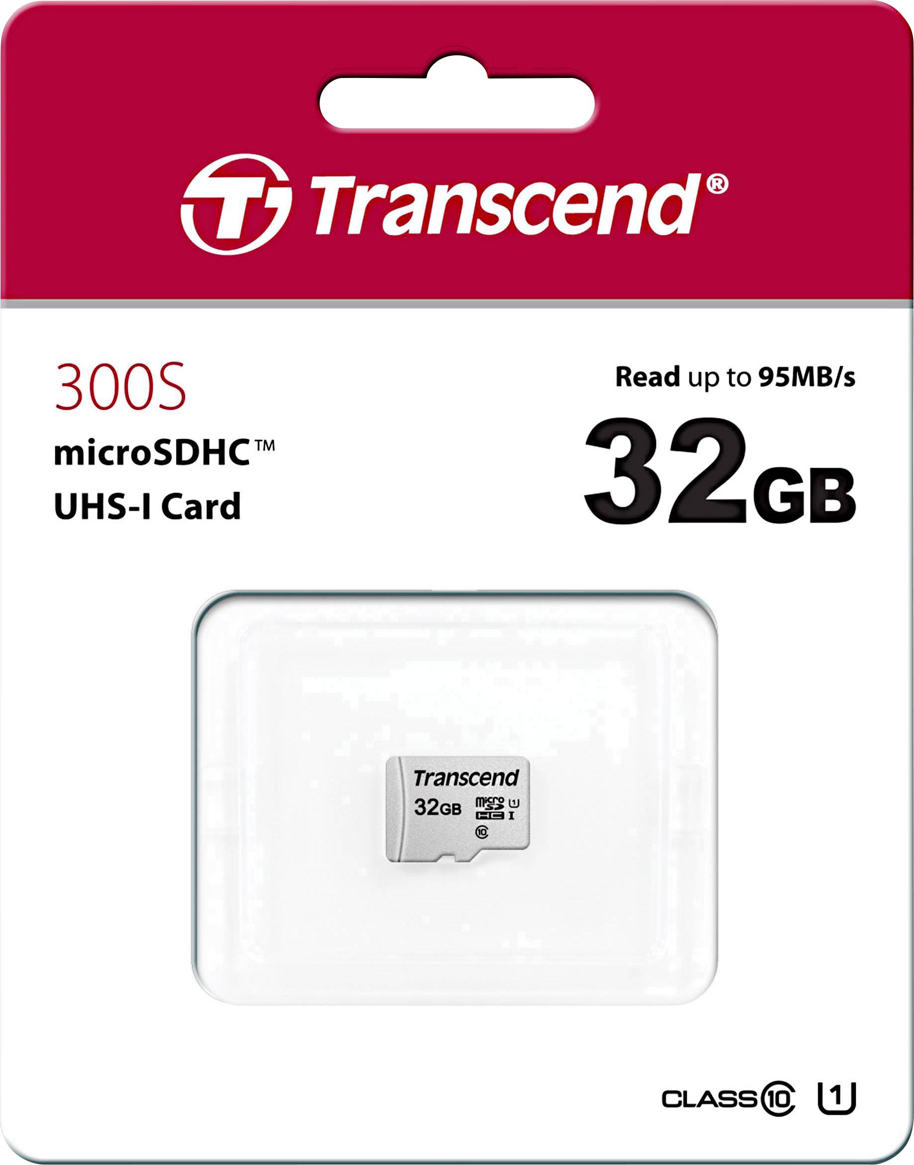 Carte microSDHC UHS-I Transcend de 32 Go dans son emballage d'origine, packaging rouge et blanc, vitesses allant jusqu'à 95 Mo/s.