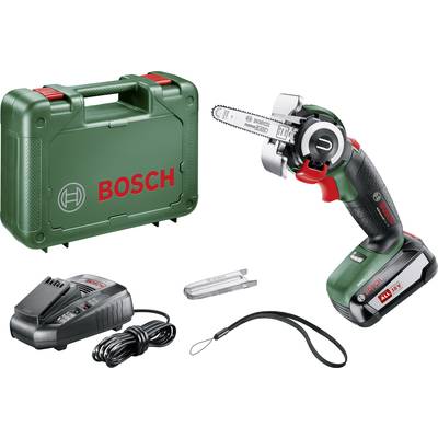 Ensemble de scie à chaîne avec boîte verte Bosch, chargeur, scie avec chaîne, batterie, lame et courroie. Idéal pour les projets de bricolage.
