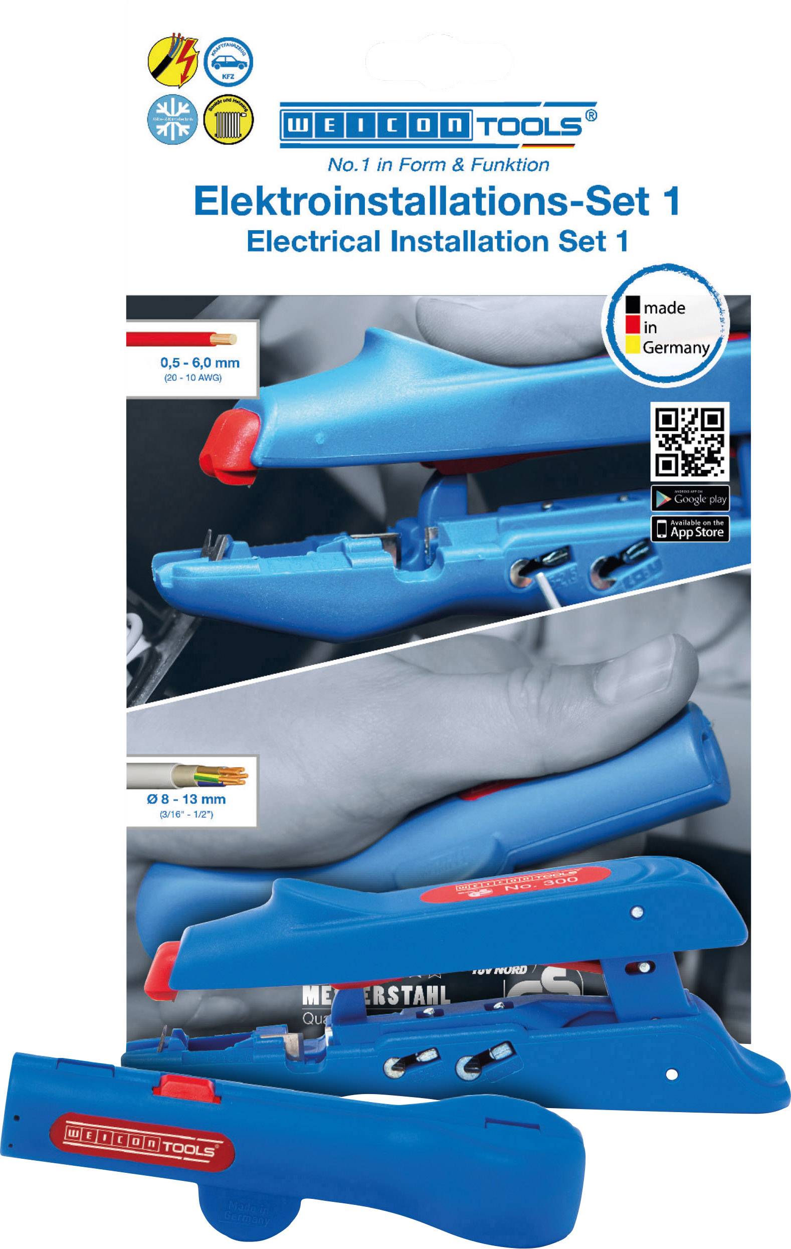 'Ensemble d'installation électrique 1' de Weicon Tools, présente des dénudeurs de câbles en bleu avec des exemples d'application, fabriqués en Allemagne.